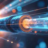 Futurystyczny kabel światłowodowy z emitującymi światło włóknami w kolorach niebieskim i pomarańczowym.