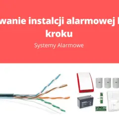 Kabel do alarmu i elementy systemu alarmowego: syrena, czujniki, akumulator, centrala.