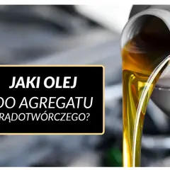 Złoty olej leje się z pojemnika, a na czarnym tle widnieje napis: "Jaki olej do agregatu prądotwórczego?".