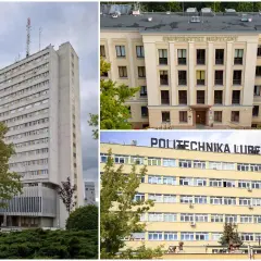 Trzy budynki uczelni w Lublinie: wysoki wieżowiec, Uniwersytet Medyczny i Politechnika Lubelska.