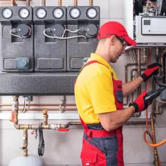 Instalator w czerwonej czapce i żółtej koszulce wykonuje próbę szczelności gazu, używając detektora przy instalacji grzewczej i butli gazowej.