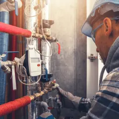 Instalator sprawdza ciśnienie w naczyniu przeponowym, pracując przy rurach grzewczych.