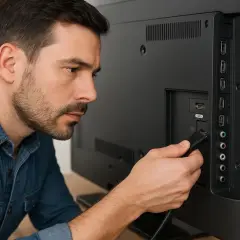 Mężczyzna podłącza kabel do telewizora, pokazując, jak podłączyć telewizor.