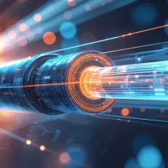 Futurystyczny kabel światłowodowy z emitującymi światło włóknami w kolorach niebieskim i pomarańczowym.