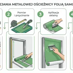 Instrukcja jak odnowić stare futryny metalowe: przygotowanie, pomiar, aplikacja okleiny i wykończenie.
