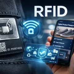 Karta RFID na metce ubrania, smartfon z cyfrowym paszportem produktu. Dowiedz się, karta RFID co to jest i jak działa.