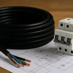 Na stole leży zwój czarnego kabla, obok wyłącznik nadprądowy i schemat elektryczny. Z kabla wystają żyły: brązowa, niebieska i zielono-żółta.