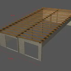 Model dachu jednospadowego z widocznymi wymiarami i konstrukcją krokwi.