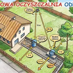 Ilustracja pokazuje przydomową oczyszczalnię ścieków i studnię chłonną. Odległość studni chłonnej od granicy działki i studni z wodą pitną jest kluczowa zgodnie z przepisami.