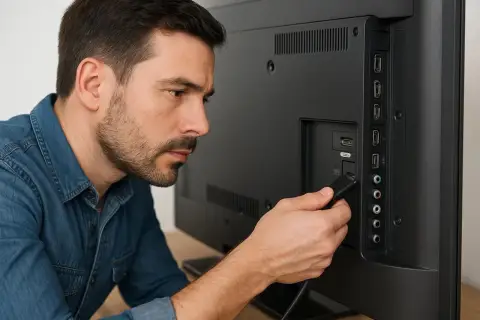 Mężczyzna podłącza kabel do telewizora, pokazując, jak podłączyć telewizor.