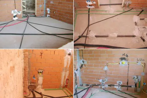 Instalacja gazowa w trakcie budowy. Widać przewody gazowe i elektryczne w ścianach i na podłodze.