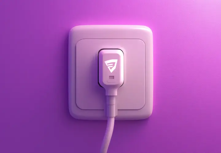 Różowy kabel przyłączeniowy do domu z białym logo wtyczki, podłączony do gniazdka na fioletowej ścianie.