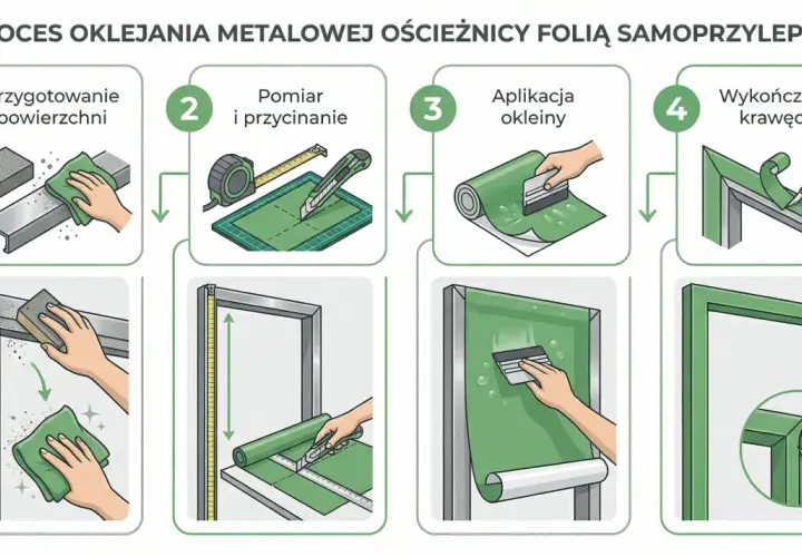 Instrukcja jak odnowić stare futryny metalowe: przygotowanie, pomiar, aplikacja okleiny i wykończenie.