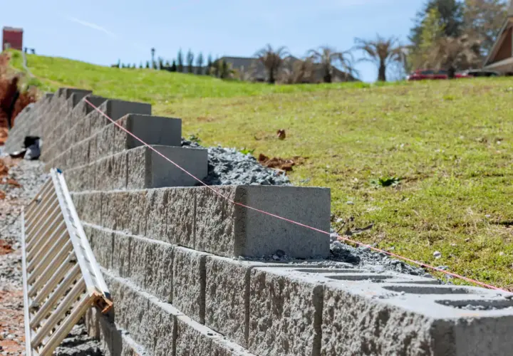 Budowa muru oporowego z bloczków betonowych. Najtaniej można go wykonać samodzielnie, używając prostych narzędzi i materiałów.