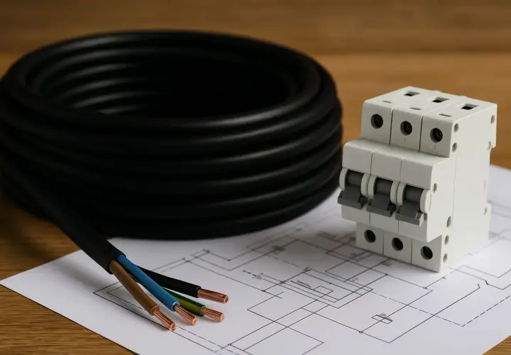 Na stole leży zwój czarnego kabla, obok wyłącznik nadprądowy i schemat elektryczny. Z kabla wystają żyły: brązowa, niebieska i zielono-żółta.