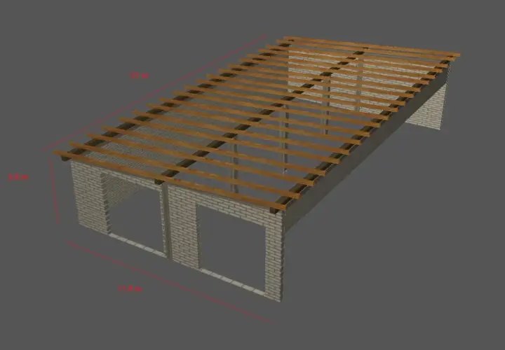 Model dachu jednospadowego z widocznymi wymiarami i konstrukcją krokwi.