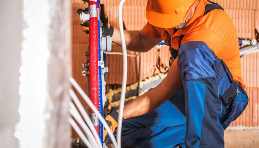 Instalator w pomarańczowym kasku i niebieskich spodniach wykonuje próbę ciśnieniową instalacji wodnej zgodnie z normą, pracując przy czerwonych i niebieskich rurach.