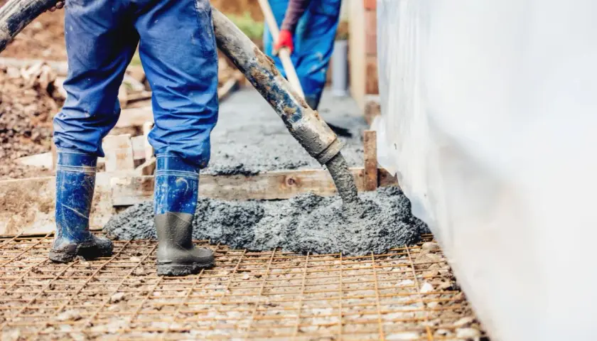 Pracownicy wylewają beton. Warto wiedzieć, ile waży kubik betonu, by zaplanować budowę.