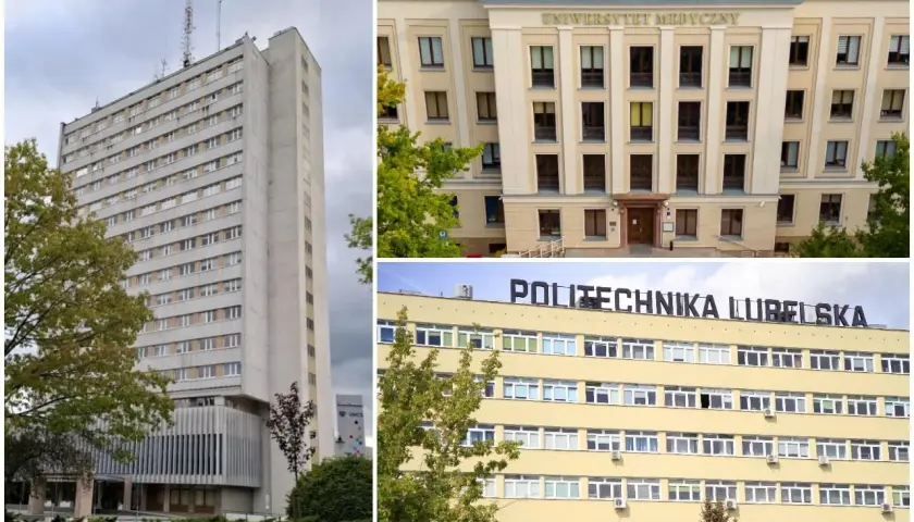 Trzy budynki uczelni w Lublinie: wysoki wieżowiec, Uniwersytet Medyczny i Politechnika Lubelska.