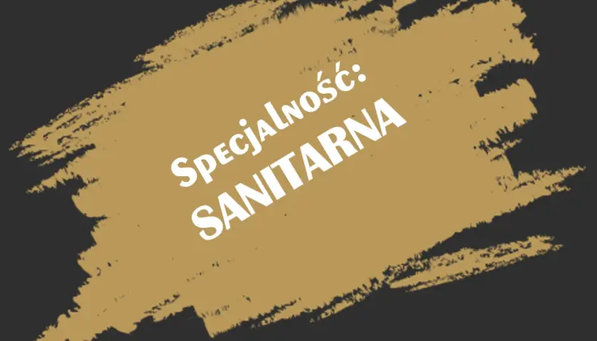 Biały napis "Specjalność: SANITARNA" na tle pociągnięć pędzla. To klucz do zdobycia uprawnień budowlanych sanitarnych.