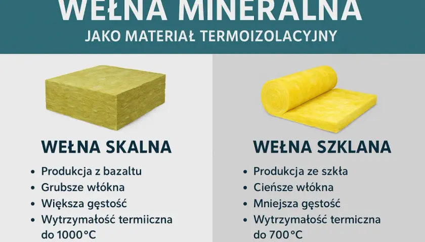 Porównanie wełny skalnej i szklanej. Wełna skalna ma grubsze włókna i większą gęstość, szklana cieńsze i mniejszą.