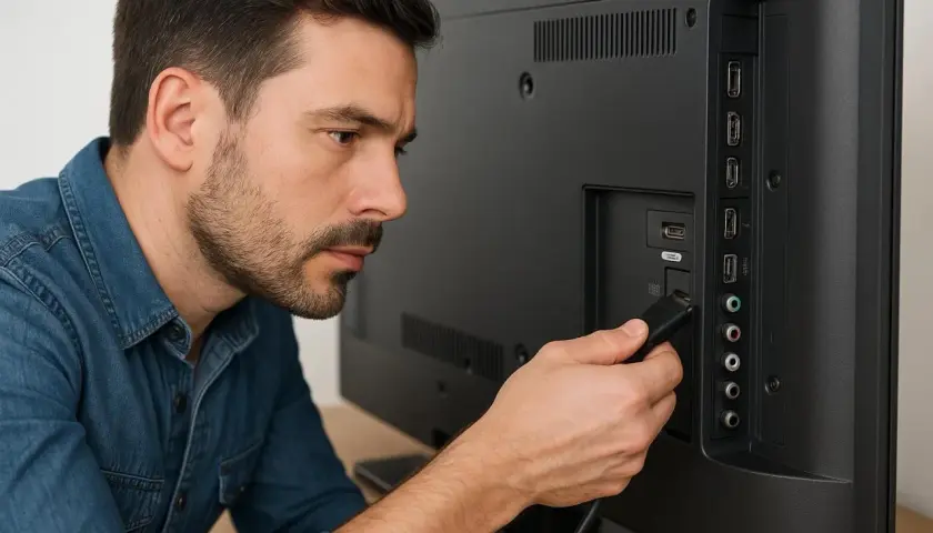 Mężczyzna podłącza kabel do telewizora, pokazując, jak podłączyć telewizor.