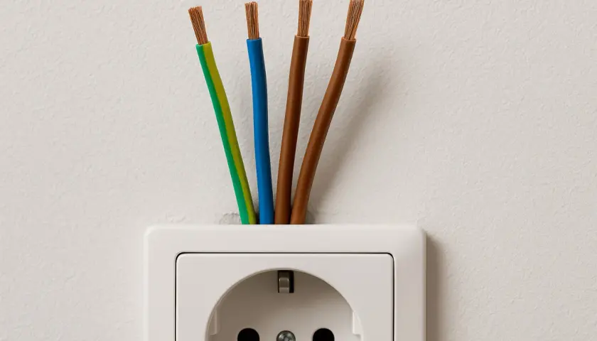 Cztery przewody wychodzące z gniazdka elektrycznego: zielono-żółty, niebieski i dwa brązowe. Jaki kabel do instalacji elektrycznej w domu?