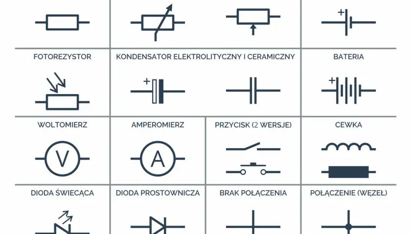Podstawowe symbole jak czytać schematy elektryczne: rezystor, potencjometr, ogniwo, fotorezystor, kondensator, bateria, woltomierz, amperomierz, przycisk, cewka, dioda świecąca, dioda prostownicza, brak połączenia, połączenie.