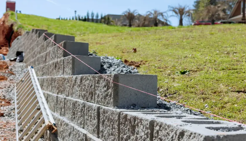 Budowa muru oporowego z bloczków betonowych. Najtaniej można go wykonać samodzielnie, używając prostych narzędzi i materiałów.