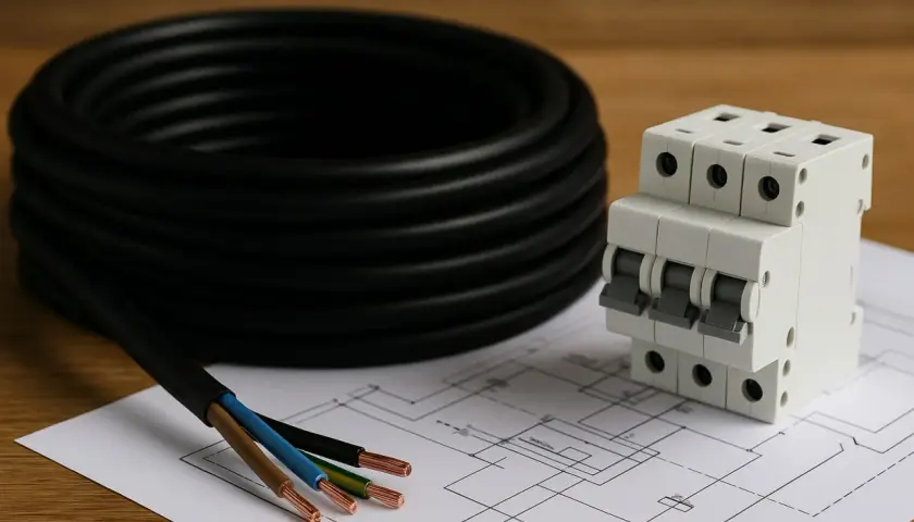 Na stole leży zwój czarnego kabla, obok wyłącznik nadprądowy i schemat elektryczny. Z kabla wystają żyły: brązowa, niebieska i zielono-żółta.