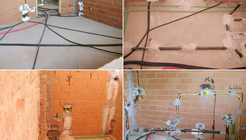 Instalacja gazowa w trakcie budowy. Widać przewody gazowe i elektryczne w ścianach i na podłodze.
