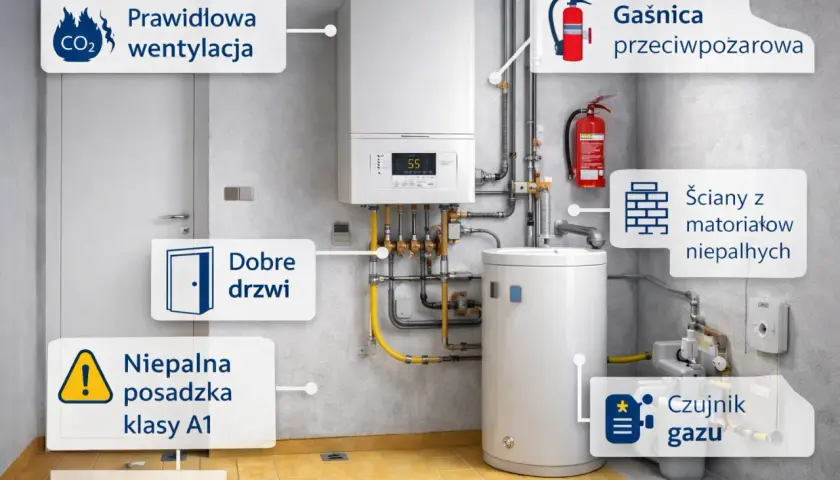 Kotłownia gazowa: prawidłowa wentylacja, dobre drzwi, gaśnica, niepalna posadzka, czujnik gazu, ściany z materiałów niepalnych. Minimalna kubatura kotłowni gazowej jest kluczowa dla bezpieczeństwa.