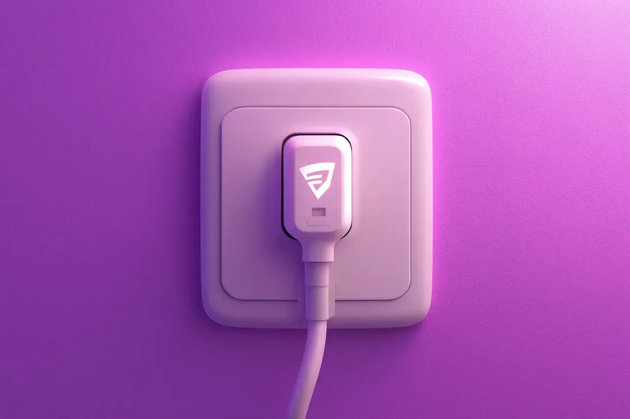Różowy kabel przyłączeniowy do domu z białym logo wtyczki, podłączony do gniazdka na fioletowej ścianie.