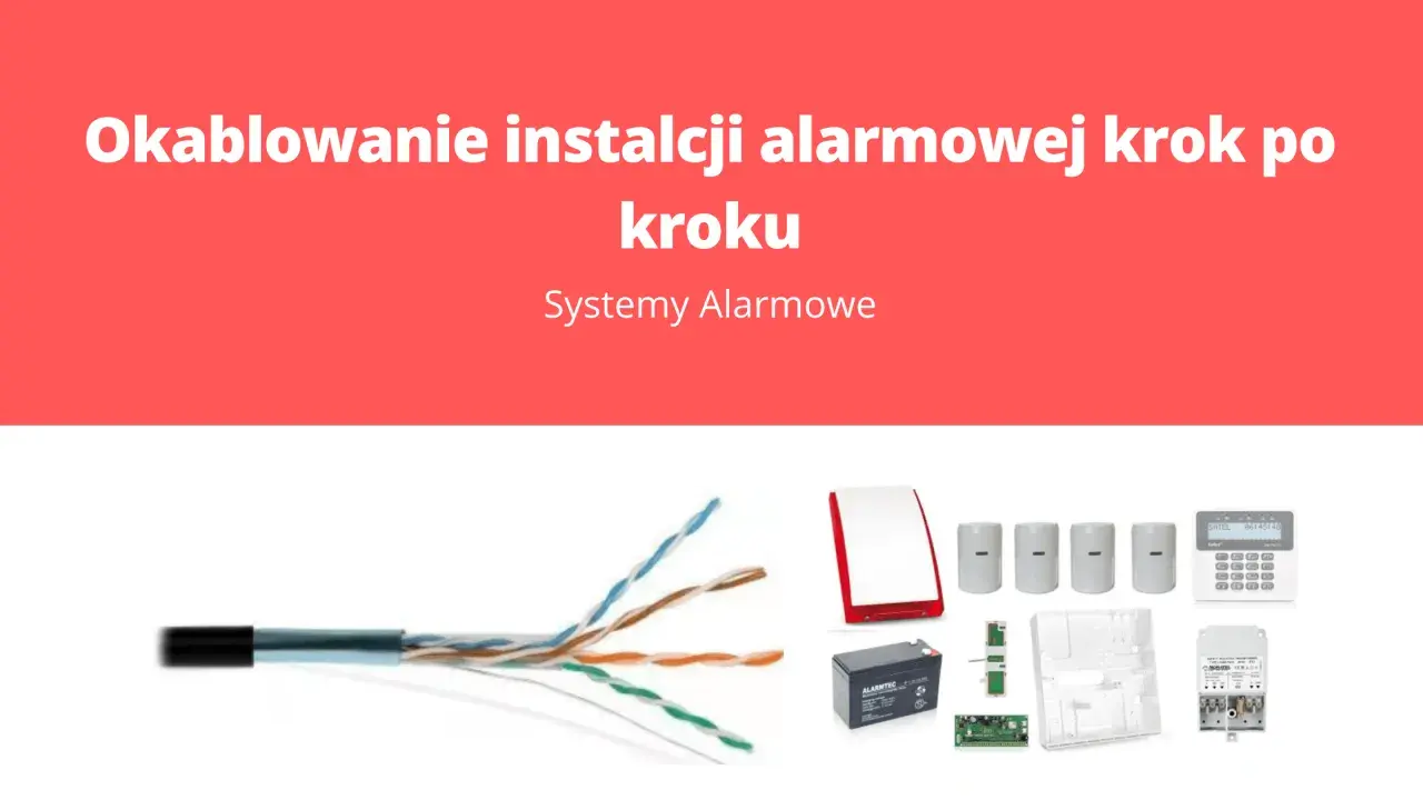 Kabel do alarmu i elementy systemu alarmowego: syrena, czujniki, akumulator, centrala.