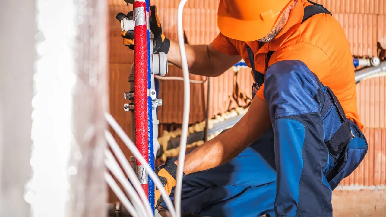 Instalator w pomarańczowym kasku i niebieskich spodniach wykonuje próbę ciśnieniową instalacji wodnej zgodnie z normą, pracując przy czerwonych i niebieskich rurach.