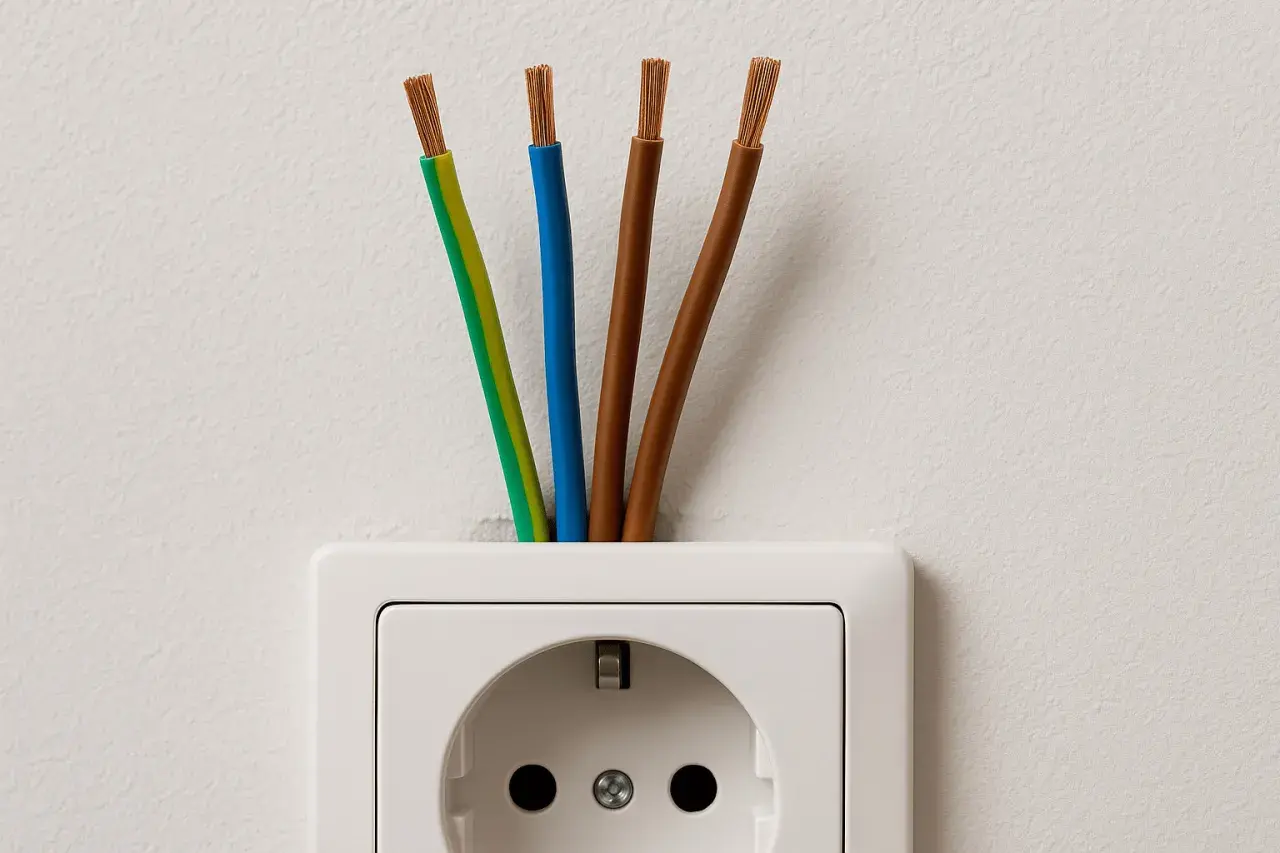 Cztery przewody wychodzące z gniazdka elektrycznego: zielono-żółty, niebieski i dwa brązowe. Jaki kabel do instalacji elektrycznej w domu?