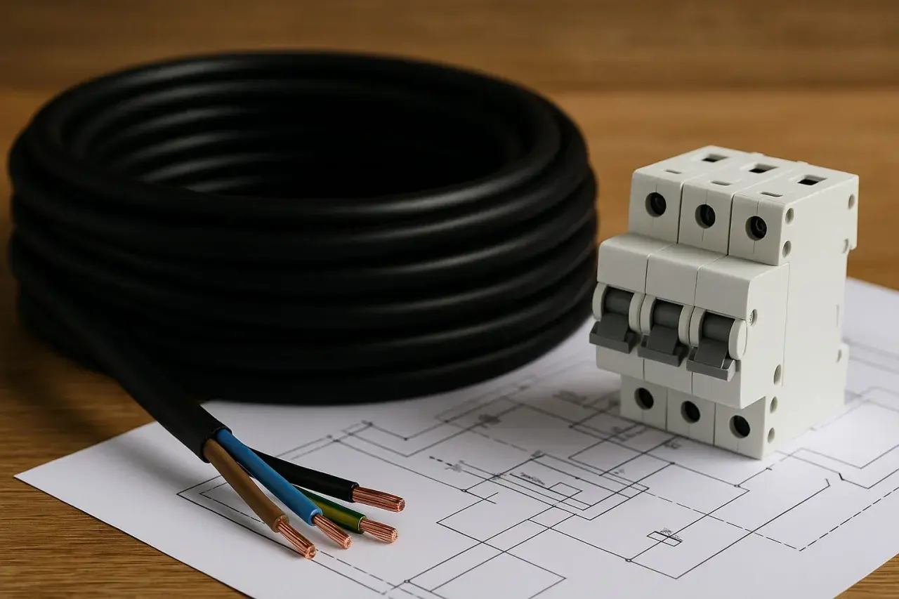 Na stole leży zwój czarnego kabla, obok wyłącznik nadprądowy i schemat elektryczny. Z kabla wystają żyły: brązowa, niebieska i zielono-żółta.