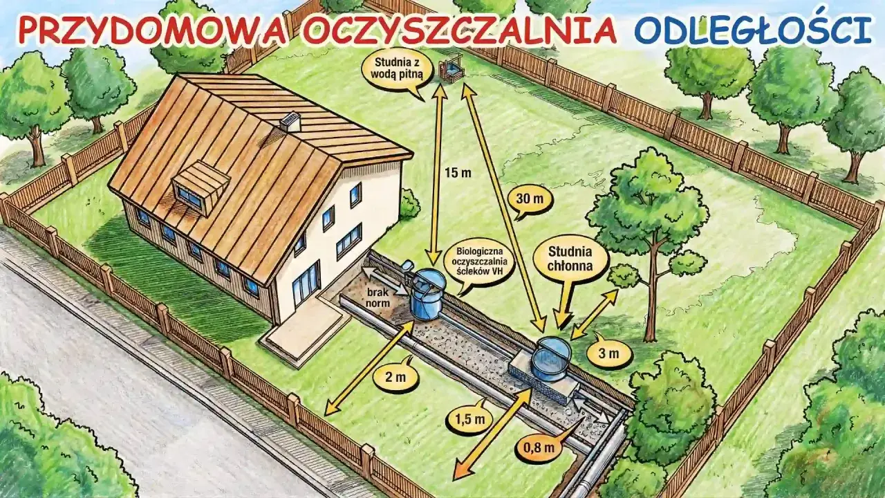 Ilustracja pokazuje przydomową oczyszczalnię ścieków i studnię chłonną. Odległość studni chłonnej od granicy działki i studni z wodą pitną jest kluczowa zgodnie z przepisami.