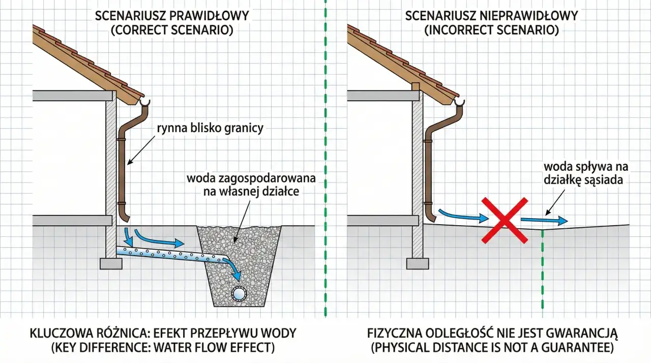 Prawidłowe odprowadzenie wody z rynny na własną działkę, a nie na sąsiednią. Odległość studni chłonnej od granicy działki przepisy uwzględniają przepływ wody.