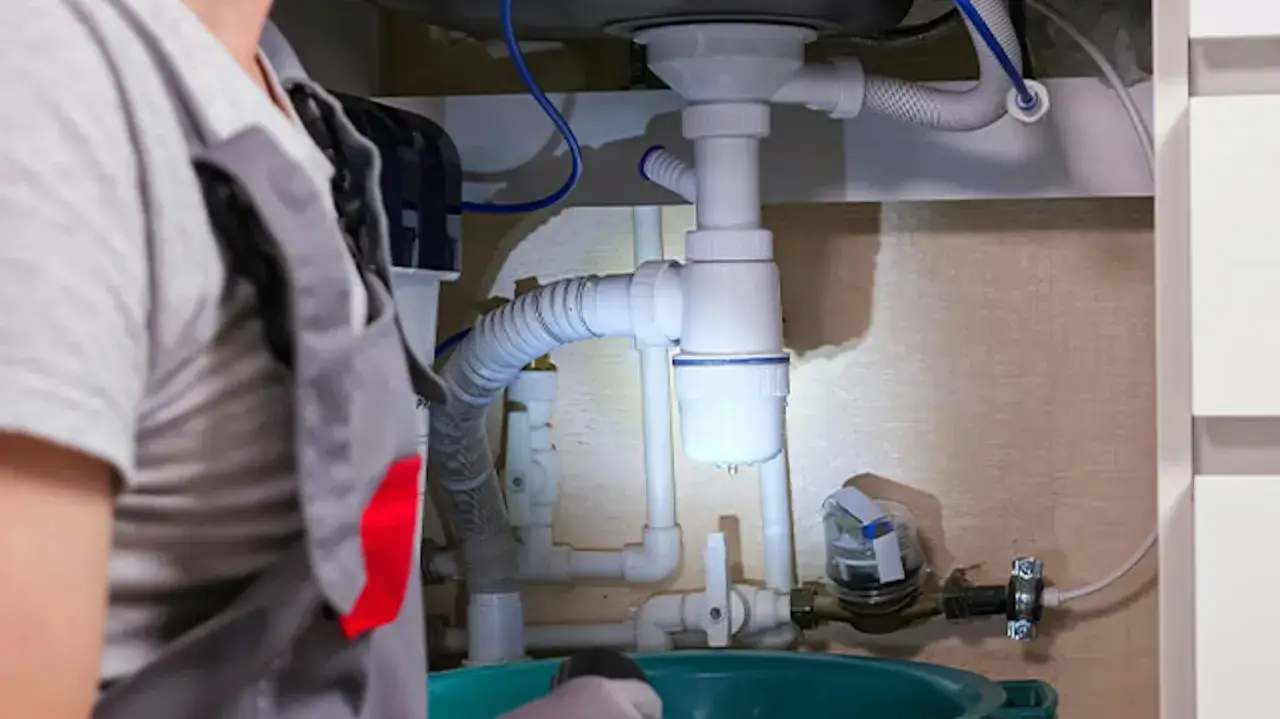 Instalator naprawia syfon pod zlewem, by wyeliminować smród z kanalizacji. Widać rury, licznik wody i zieloną miskę.