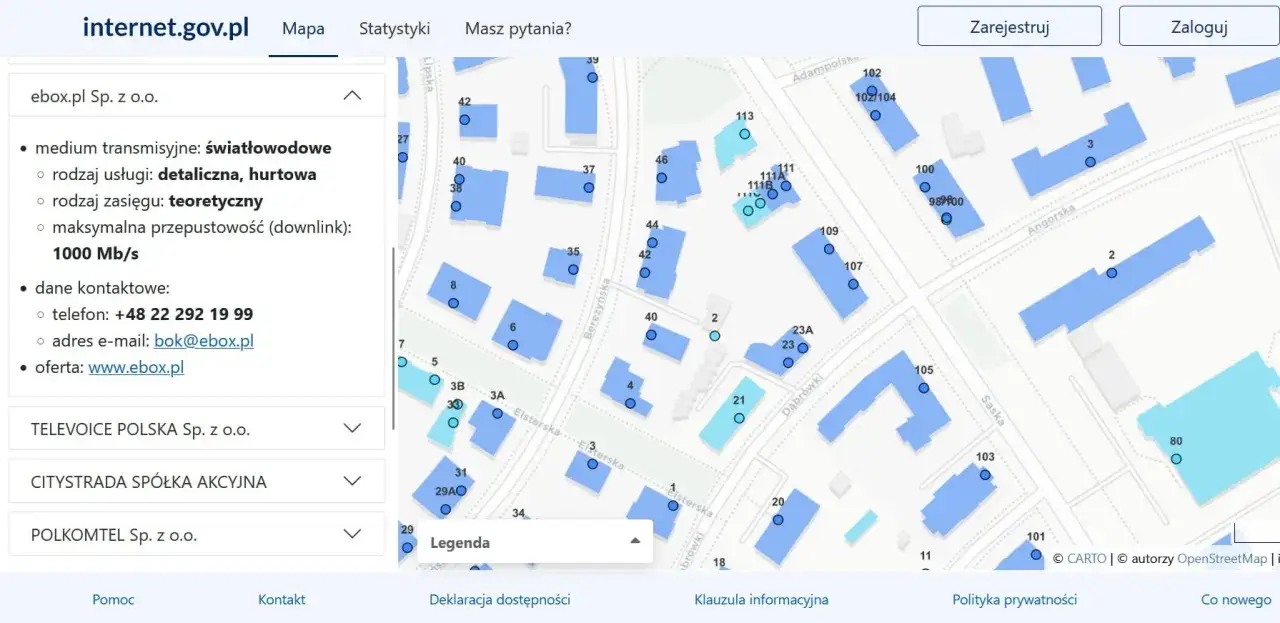Mapa pokazuje podłączenie światłowodu do domu jednorodzinnego. Dostępne są usługi detaliczne i hurtowe z przepustowością 1000 Mb/s.