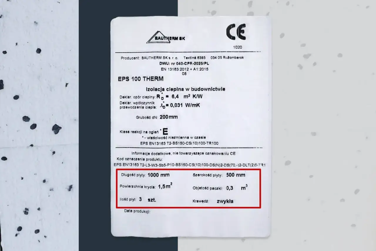 Etykieta produktu EPS 100 THERM. Objętość paczki 0,3 m³, co pomaga zrozumieć, ile to metrów kwadratowych przy danej grubości.