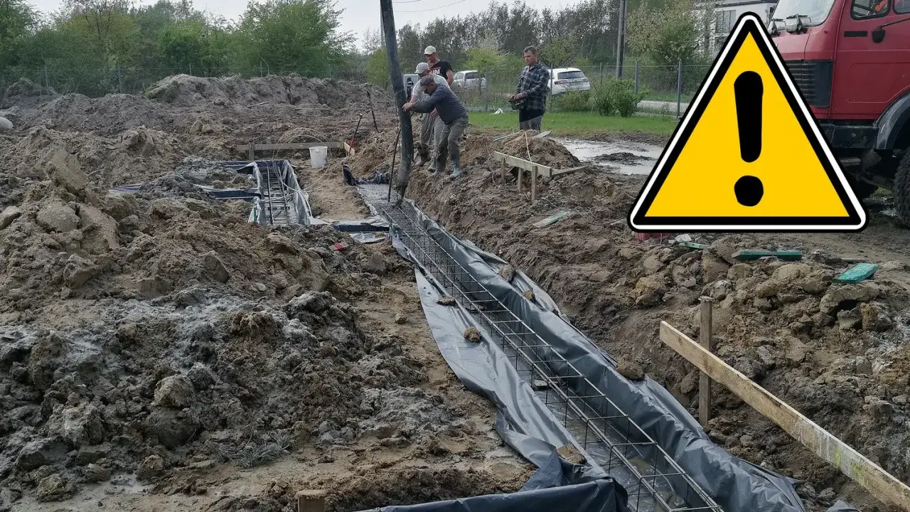 Pracownicy wylewają beton do wykopu zbrojonego. Powstaje fundament betonowy pod słup.