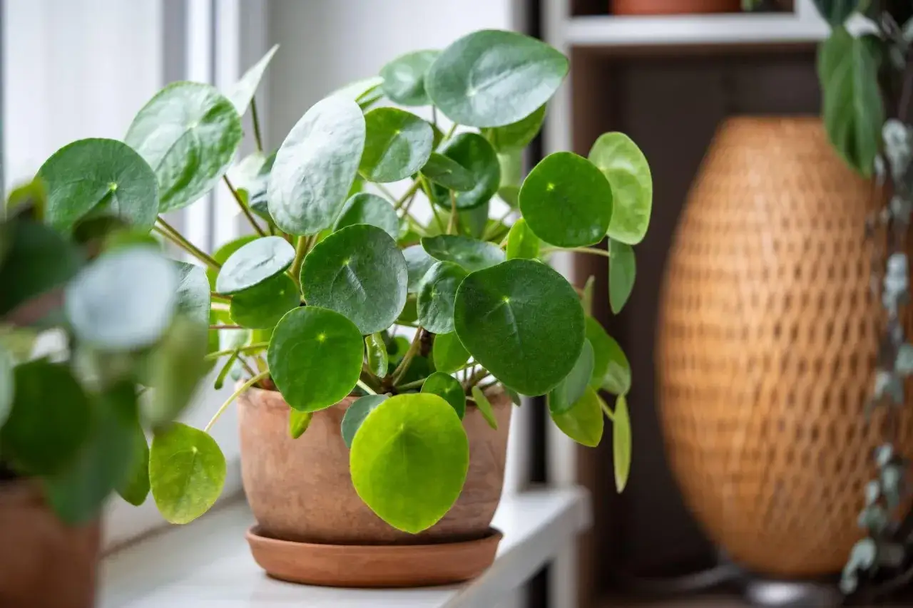 Kwiat pieniążek, czyli Pilea peperomioides, ma okrągłe, zielone liście przypominające monety. Rośnie w glinianej doniczce na parapecie.