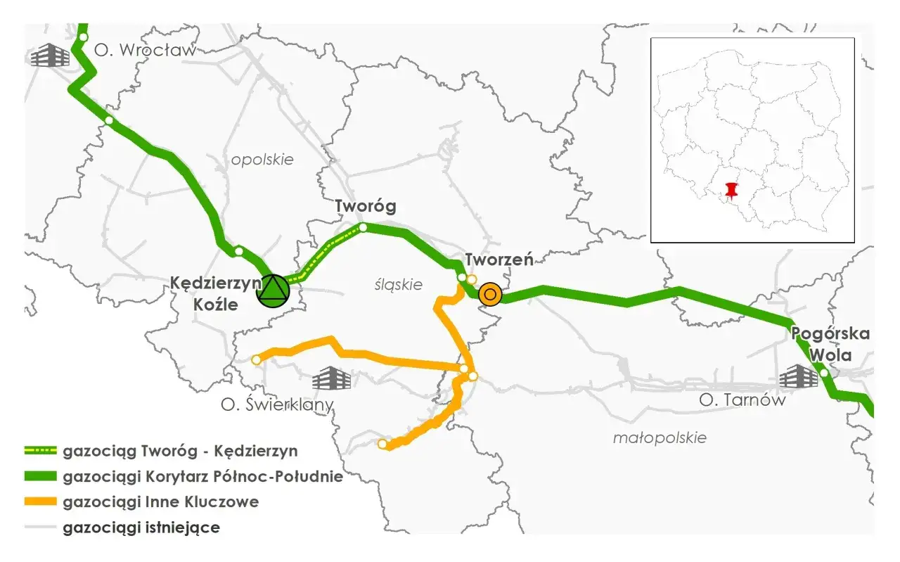 Mapa przedstawia przebieg gazociągów wysokiego ciśnienia w Polsce, z zaznaczonymi punktami i odległością budynku od gazociągu wysokiego ciśnienia.