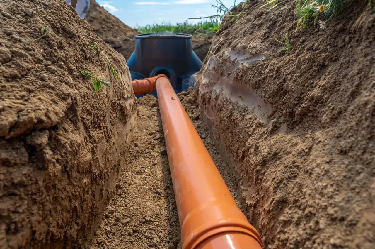 Wykop pod zabudowę rowu melioracyjnego. Pomarańczowa rura prowadzi do czarnego zbiornika.