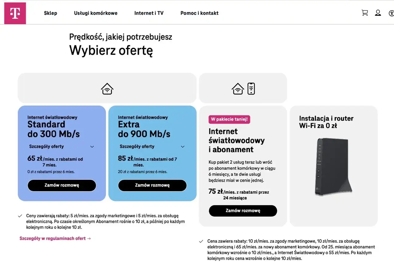 Oferty internetu światłowodowego: Standard 300 Mb/s za 65 zł, Extra 900 Mb/s za 85 zł. Pakiet z abonamentem komórkowym za 75 zł. Co daje światłowód? Szybkość i stabilność.