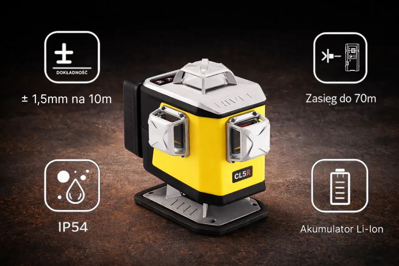 Żółty niwelator laserowy z ikonami: dokładność ±1,5mm/10m, zasięg 70m, IP54, akumulator Li-Ion.