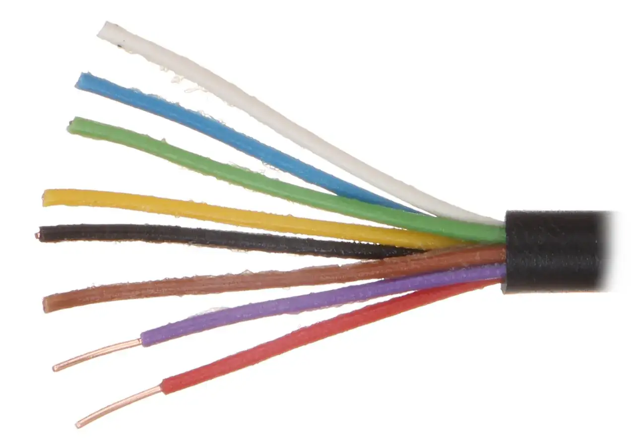 Rozpleciony kabel do alarmu z ośmioma kolorowymi żyłami: białą, niebieską, zieloną, żółtą, czarną, brązową, fioletową i czerwoną.
