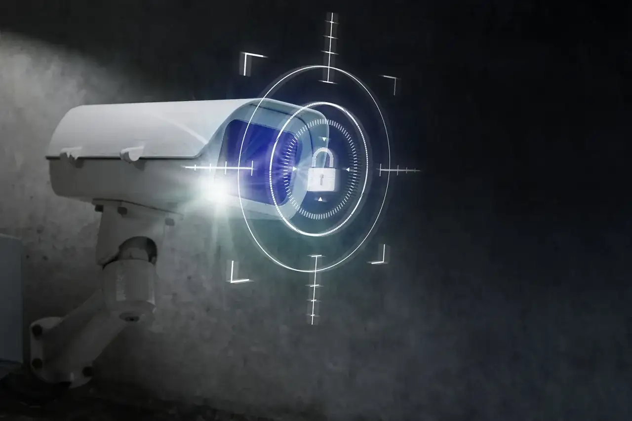 Kamera CCTV z cyfrowym celownikiem i ikoną kłódki symbolizującą bezpieczeństwo. To jest właśnie cctv co to.